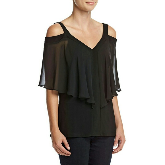 MSK Cold-shoulder Flutter Sleeve Black Top Blouse - Picture 3 of 5